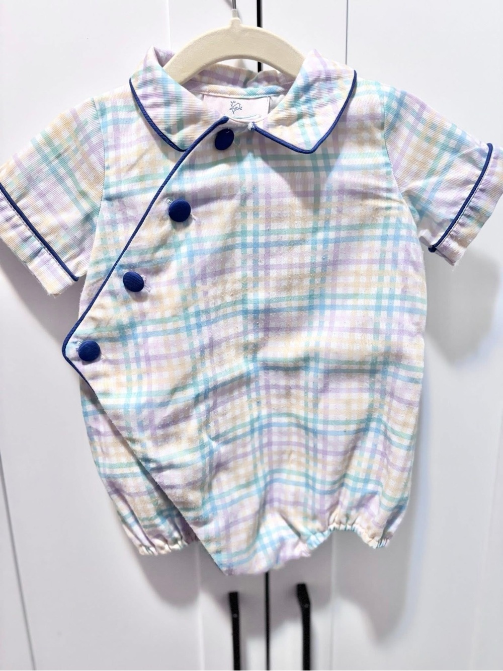 Pastel Plaid Button-Down Baby Romper with Navy Piping